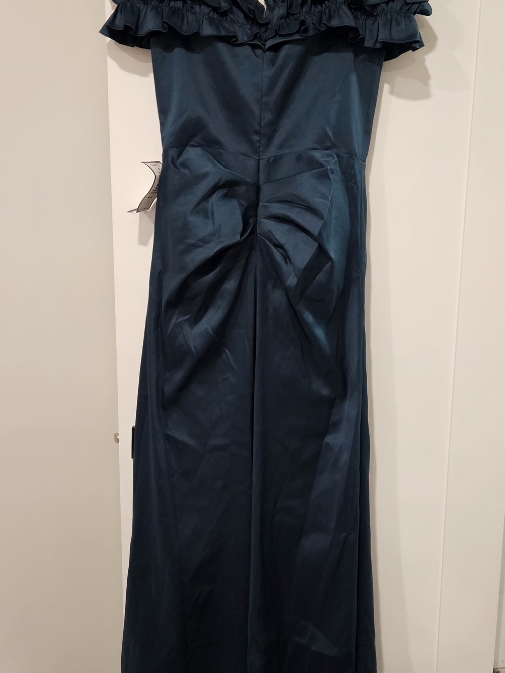 Xscape Teal Ruffled Off-Shoulder Satin Maxi Gown - Picture 3 of 9